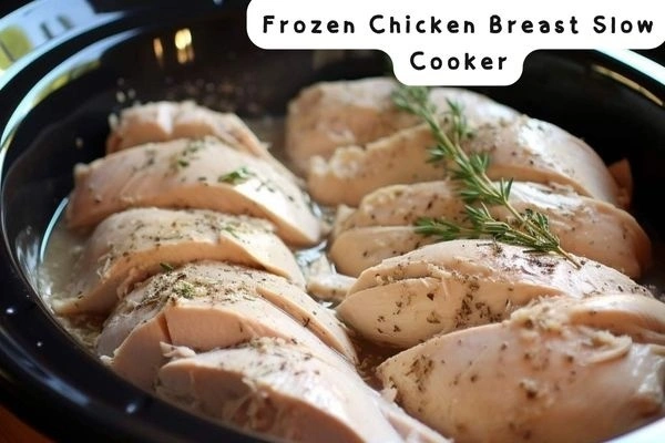 Frozen chicken breasts are placed in a slow cooker, surrounded by herbs and seasonings.