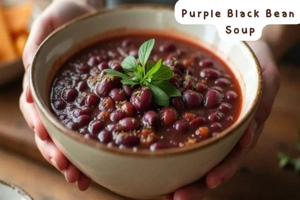 A bowl of creamy Purple Black Bean Soup Recipe garnished with fresh cilantro, a dollop of sour cream, and chili flakes, served with a slice of crusty bread on a rustic wooden table.