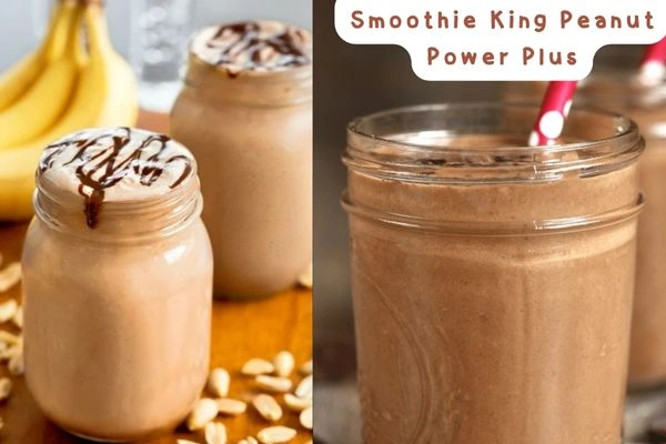 A glassful of this peanut buttery, chocolatey Smoothie King Peanut Power Plus, complete with peanut butter and smothered in powdered cocoa, is placed on a wooden table with fresh bananas and a jar of peanut butter.