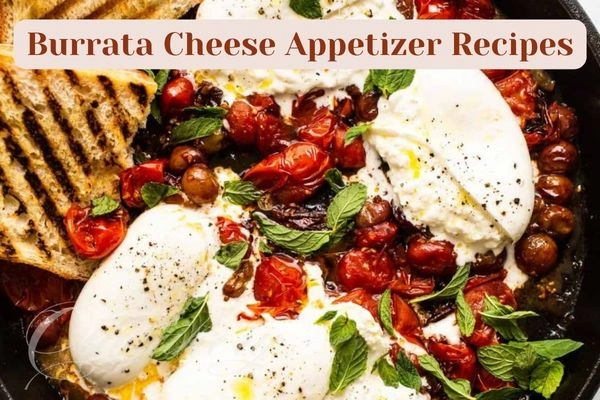 Creamy burrata cheese served with marinated cherry tomatoes, fresh basil, and toasted baguette slices.