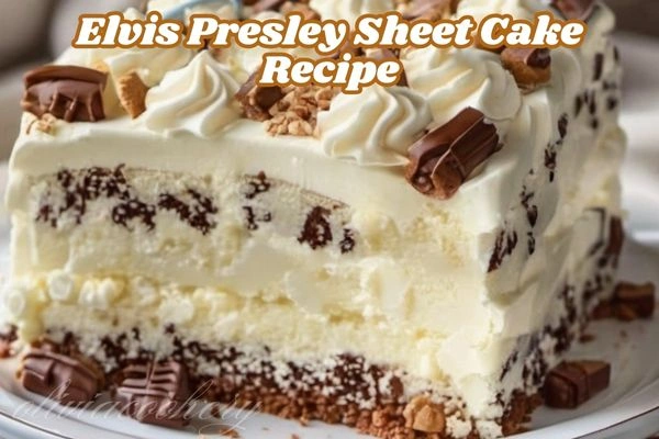 Elvis Presley Sheet Cake topped with cream cheese frosting and chopped pecans served on a white plate with a slice cut out.