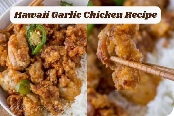 A plate of crispy Hawaii-style garlic chicken garnished with fresh green onions served with steamed white rice and a tangy dipping sauce.