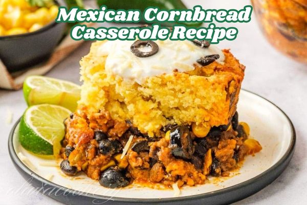 Mexican cornbread casserole topped with melted cheese and fresh cilantro, served in a casserole dish.
