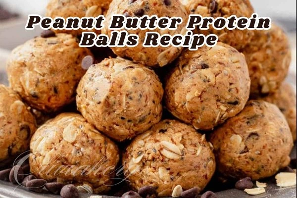 A plate stacked with homemade peanut butter protein balls, made with oats, chocolate chips, and natural ingredients, ideal for a healthy snack.