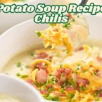 A steaming bowl of creamy potato soup topped with crispy bacon, shredded cheddar cheese, and chopped scallions, served with a side of crusty bread.