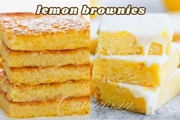 A batch of freshly baked lemon brownies with a zesty glaze cut into squares and garnished with lemon zest on a wooden tray.