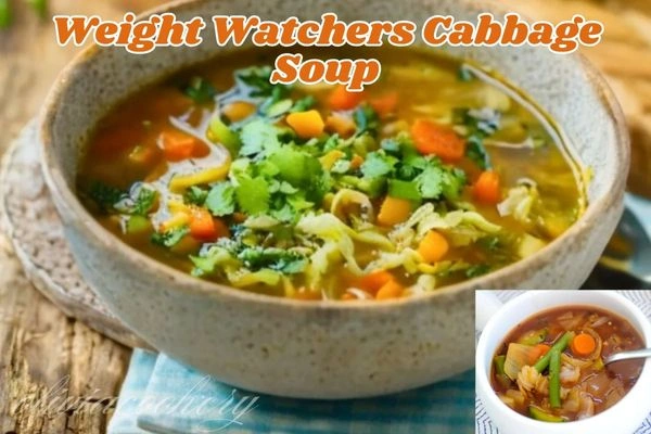 A hearty bowl of Weight Watchers Cabbage Soup, filled with vibrant green cabbage, diced carrots, zucchini, and green beans, served steaming hot in a white bowl on a wooden table.